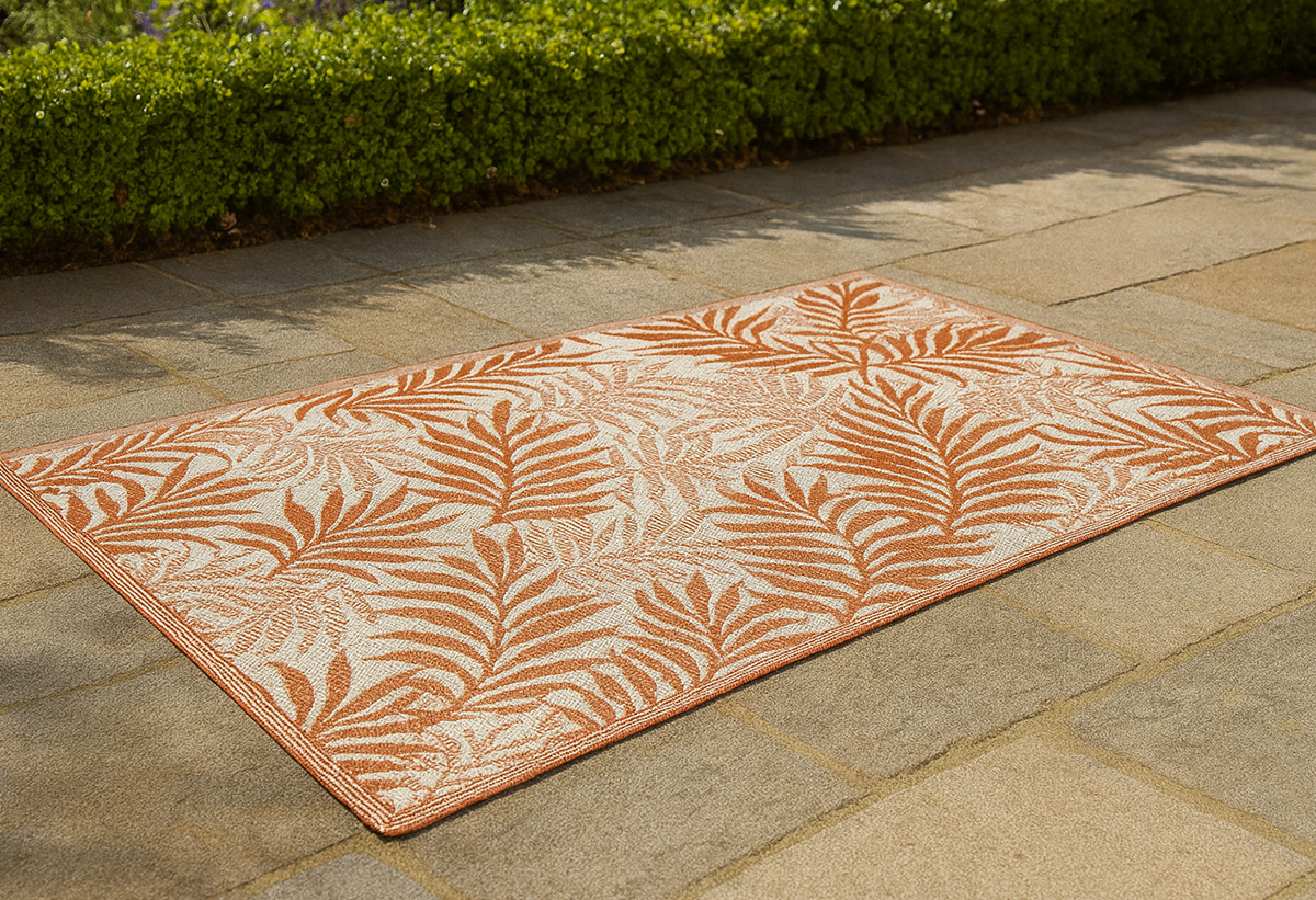 Απεικονίζεται το χαλί απλωμένο στο δάπεδο ενός κήπου.